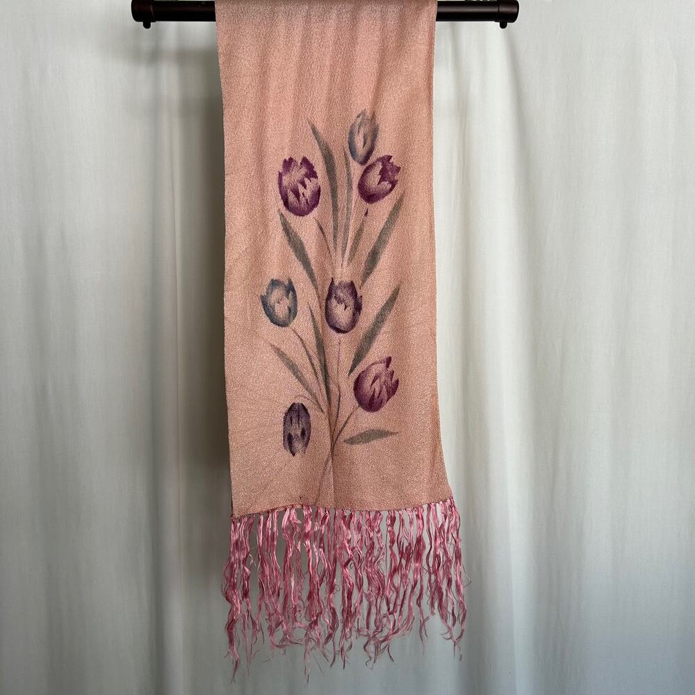 Vintage Tulip Scarf with‎ Wavy Fringe Pink Purple